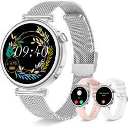 Montre connectée femme avec appel bleutooth, smartwatch ronde 1,27" 41mm pour petit poignet, 3 bracelet, 100 modes sport suivi s