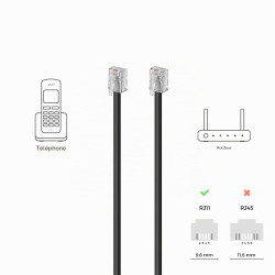 deleyCON 1m Câble Téléphone - RJ11 Modulaire 6P4C Western - 2x Fiche RJ11 avec plat pour Prise Modem Routeur Fax ISDN DSL VDSL I