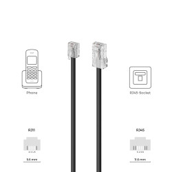 deleyCON 2m Câble Téléphone RJ11 vers RJ45 Modulaire plat RJ11 Fiche vers RJ45 Connecteur Réseau Prise Téléphone Modem Routeur F