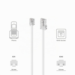 deleyCON 30m Câble Téléphone RJ11 vers RJ45 Modulaire 99% Cuivre AWG 28 plat RJ11 Fiche vers RJ45 Connecteur Réseau Prise Téléph