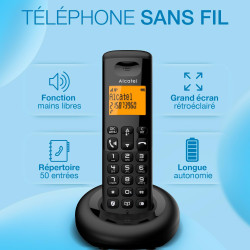 ALCATEL E260 - Téléphone Fixe sans Fil DECT - Design Compact - Grand Écran Rétroéclairé - Mains Libres - Fonction Blocage des Ap