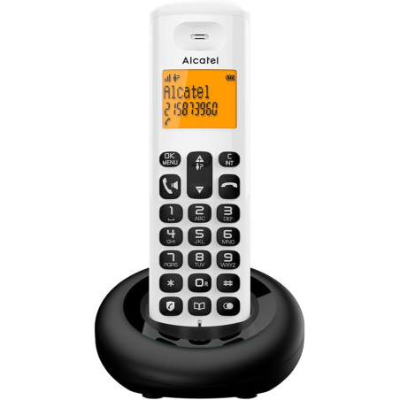 ALCATEL E260 - Téléphone Fixe sans Fil DECT - Design Compact - Grand Écran Rétroéclairé - Mains Libres - Fonction Blocage des Ap