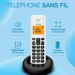 ALCATEL E260 - Téléphone Fixe sans Fil DECT - Design Compact - Grand Écran Rétroéclairé - Mains Libres - Fonction Blocage des Ap