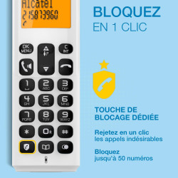 ALCATEL E260 - Téléphone Fixe sans Fil DECT - Design Compact - Grand Écran Rétroéclairé - Mains Libres - Fonction Blocage des Ap