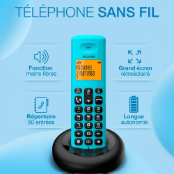 ALCATEL E260 - Téléphone Fixe sans Fil DECT - Design Compact - Grand Écran Rétroéclairé - Mains Libres - Fonction Blocage des Ap