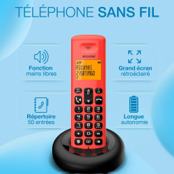 ALCATEL E260 - Téléphone Fixe sans Fil DECT - Design Compact - Grand Écran Rétroéclairé - Mains Libres - Fonction Blocage des Ap