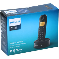 Philips D165B Téléphone Fixe sans Fil – Téléphone DECT – Écran 1,6 Pouce – 50 Contacts – 10h Conversation – 200h Veille – Noir