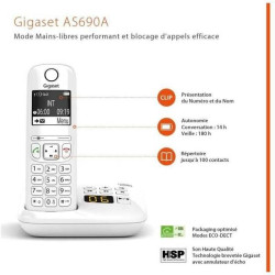Gigaset AS690A - Téléphone fixe sans fil avec répondeur, grand écran rétroéclairé pour un affichage ultra lisible, fonction bloc