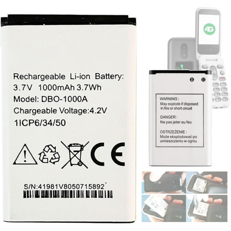 DBO-1000A DBAA-1000A Batterie de Rechange, Compatible avec Doro 2880 4G, 2800 4G/2820 4G/1880, Seniors, DFC-0480, DBAA-1000A, DB