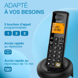 ALCATEL E260 S. Voice - Téléphone Fixe sans Fil DECT avec Répondeur - Design Compact - Grand Écran Rétroéclairé - Mains Libres -