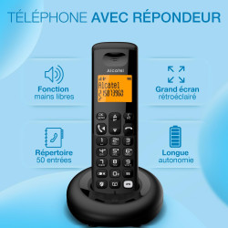 ALCATEL E260 S. Voice Trio - Téléphone Fixe sans Fil DECT avec Répondeur - Design Compact - Grand Écran Rétroéclairé - Mains Lib
