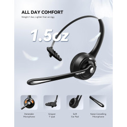 Tecknet casque d'écoute bleutooth, casque d'écoute sans fil avec microphone antibruit pour camionneur, mains libres avec microph