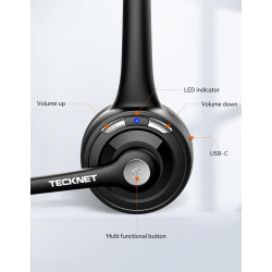 Tecknet casque d'écoute bleutooth, casque d'écoute sans fil avec microphone antibruit pour camionneur, mains libres avec microph