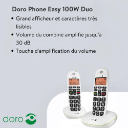 Doro PhoneEasy 100w Téléphone sans Fil DECT pour Seniors avec Grandes Touches et Son Amplifié (Blanc X 2) [Version Française]