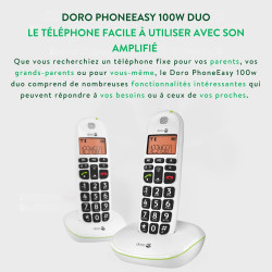 Doro PhoneEasy 100w Téléphone sans Fil DECT pour Seniors avec Grandes Touches et Son Amplifié (Blanc X 2) [Version Française]