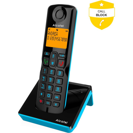 Alcatel S280 noir et bleu, mains libres, fonction blocage des appels indesirables, Repertoire 50 noms et numéros