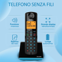 Alcatel S280 noir et bleu, mains libres, fonction blocage des appels indesirables, Repertoire 50 noms et numéros