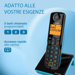Alcatel S280 noir et bleu, mains libres, fonction blocage des appels indesirables, Repertoire 50 noms et numéros