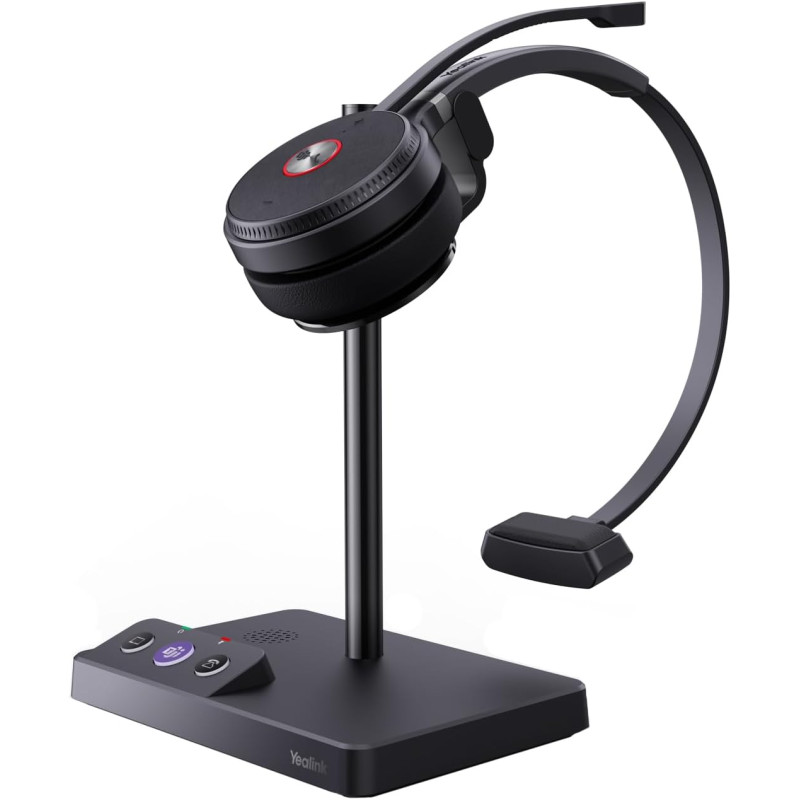 Yealink Casque sans Fil avec Micro WH62 Mono, Portée 160m, Micro Réduction de Bruit, Autonomie 13H, Compatible avec Teams/Zoom/P