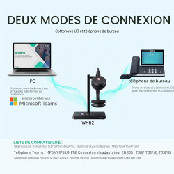 Yealink Casque sans Fil Stéréo WH62 Dual, Portée 160m, Double Micro Antibruit, Autonomie 14h,Idéal Open Space, Compatible Teams/