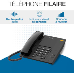 ALCATEL T26 Noir - Téléphone Fixe Filaire - Indicateur Lumineux pour Appel Entrant - Touche Rappel - Touche Mute - Sonnerie à 3 