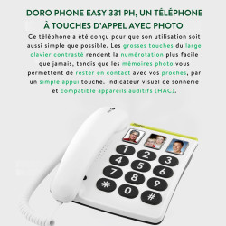 Doro PhoneEasy 331ph Téléphone Fixe pour Seniors avec GrandesTouches, Numérotation Abrégée et Compatible avec Appareils Auditifs