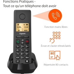 Gigaset Pure 220 téléphone DECT, Blocage d’Appel, Noir Anthracite | Sans fil, mains libres, 80 contacts, aides auditives, [Compa