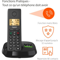 Gigaset Pure 220A téléphone DECT, répondeur, Noir Anthracite | Sans fil, blocage d’appel, mains libres, 80 contacts, [Compatible