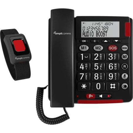Amplicomms BigTel 50 Alarm Plus, téléphone Filaire à Gros Boutons, avec Bouton SOS et Bracelet d’Urgence, très Fort, Compatible 