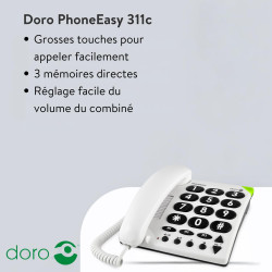 Doro PhoneEasy 311c Téléphone Filaire pour Seniors avec Grandes Touches contractées,Sonnerie Lumineuse, Numérotation Abrégée et 