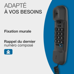 ALCATEL T06 - Téléphone Fixe Filaire - Design Ultra Compact - Fixation Murale - Touche Rappel - Noir