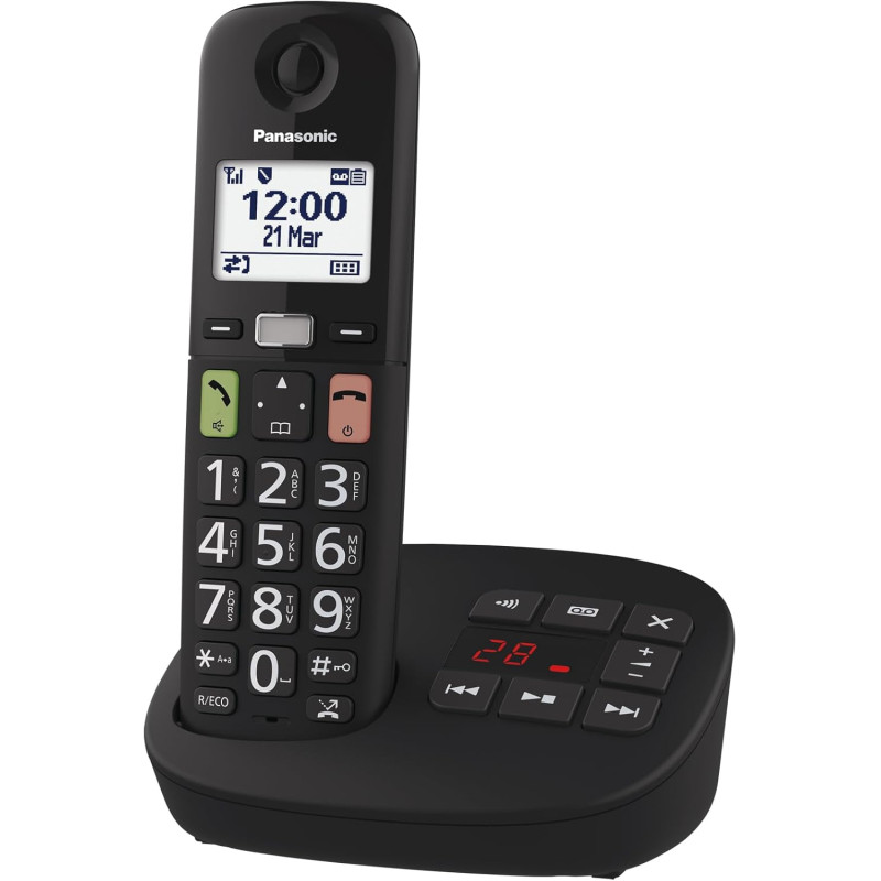 Panasonic KX-TGU130EXB Téléphone Numérique sans Fil avec Répondeur, Unité de Base et 1 Combiné, Écran LCD, Grosses Touches, Appe