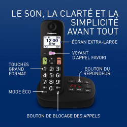 Panasonic KX-TGU130EXB Téléphone Numérique sans Fil avec Répondeur, Unité de Base et 1 Combiné, Écran LCD, Grosses Touches, Appe