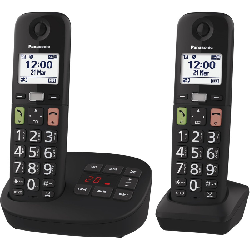 Panasonic KX-TGU132EXB Téléphone Numérique sans Fil avec Répondeur, Unité de Base et 2 Combinés, Écran LCD, Grosses Touches, App