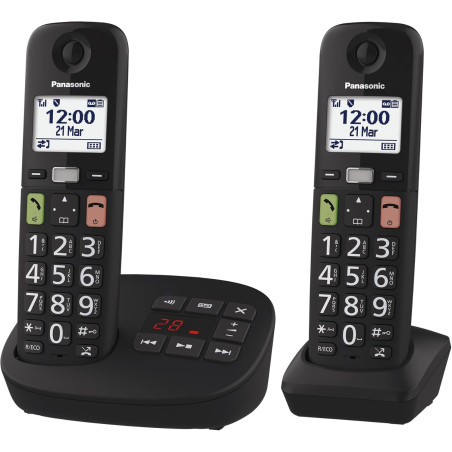 Panasonic KX-TGU132EXB Téléphone Numérique sans Fil avec Répondeur, Unité de Base et 2 Combinés, Écran LCD, Grosses Touches, App