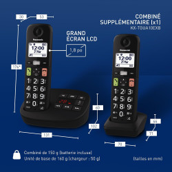 Panasonic KX-TGU132EXB Téléphone Numérique sans Fil avec Répondeur, Unité de Base et 2 Combinés, Écran LCD, Grosses Touches, App