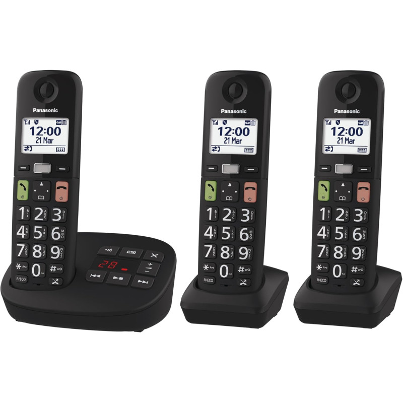 Panasonic KX-TGU133EXB Téléphone Numérique sans Fil avec Répondeur, Unité de Base et 3 Combinés, Écran LCD, Grosses Touches, App