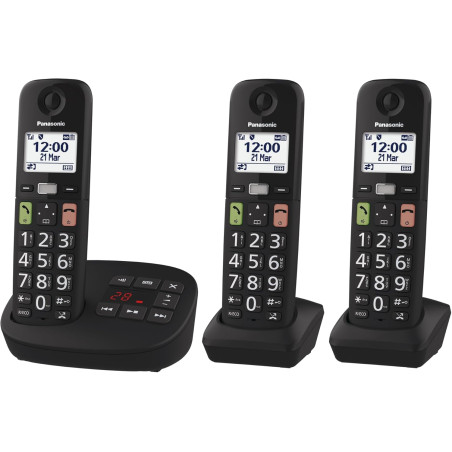 Panasonic KX-TGU133EXB Téléphone Numérique sans Fil avec Répondeur, Unité de Base et 3 Combinés, Écran LCD, Grosses Touches, App
