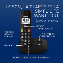 Panasonic KX-TGU133EXB Téléphone Numérique sans Fil avec Répondeur, Unité de Base et 3 Combinés, Écran LCD, Grosses Touches, App