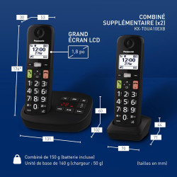 Panasonic KX-TGU133EXB Téléphone Numérique sans Fil avec Répondeur, Unité de Base et 3 Combinés, Écran LCD, Grosses Touches, App