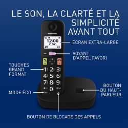 Panasonic KX-TGU110EXB Téléphone Numérique sans Fil, Écran LCD, Grosses Touches, Appel Favori, Compatible avec Les Appareils Aud