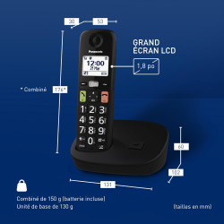 Panasonic KX-TGU110EXB Téléphone Numérique sans Fil, Écran LCD, Grosses Touches, Appel Favori, Compatible avec Les Appareils Aud