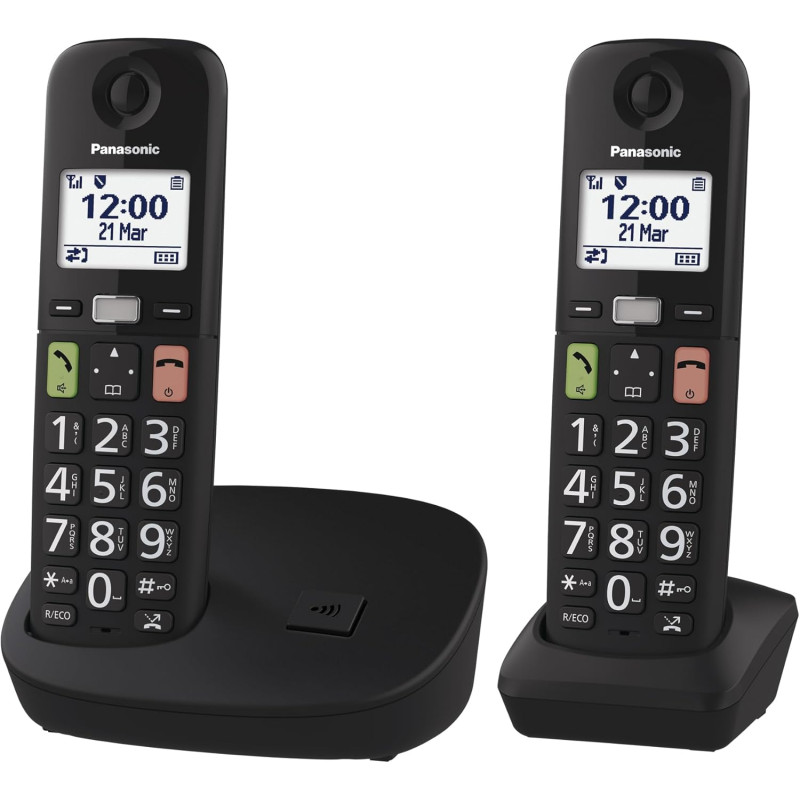 Panasonic KX-TGU112EXB Téléphone Numérique sans Fil sans Répondeur, Unité de Base et 2 Combinés, Écran LCD, Grosses Touches, App