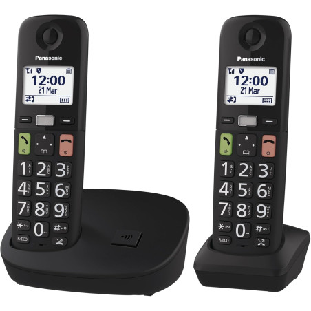 Panasonic KX-TGU112EXB Téléphone Numérique sans Fil sans Répondeur, Unité de Base et 2 Combinés, Écran LCD, Grosses Touches, App
