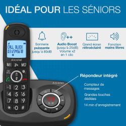 ALCATEL XL595 B Voice Trio - Téléphone Fixe Sans Fil Senior Avec Répondeur - Grand Écran Rétroéclairé - Mains Libres - Fonction 