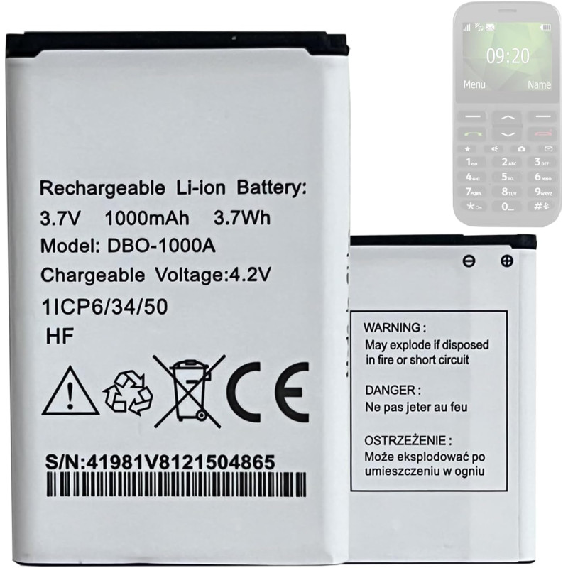 Batterie d'origine DBO-1000A pour Doro 2404, Doro 1370, Doro 5860, Doro 6040, Doro 6060, Doro 6820, Doro 6880