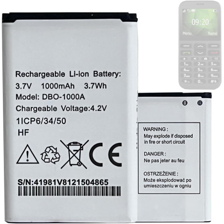 Batterie d'origine DBO-1000A pour Doro 2404, Doro 1370, Doro 5860, Doro 6040, Doro 6060, Doro 6820, Doro 6880