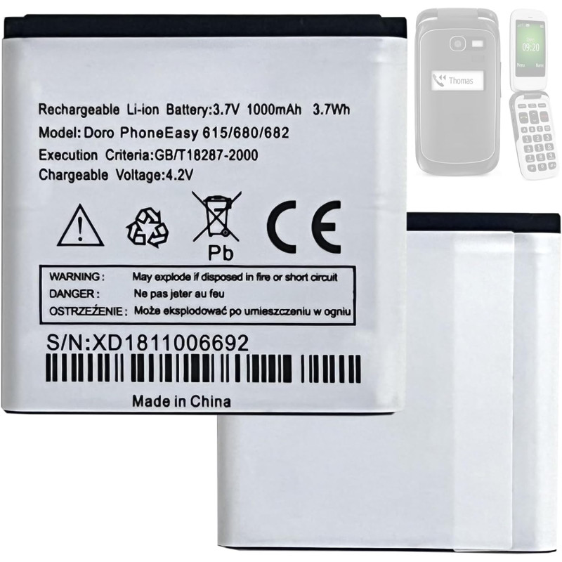 Batterie de Remplacement Doro Phone Easy 5822 614 615 680 682 Compatible avec Doro Phone Easy 614 615 680 682