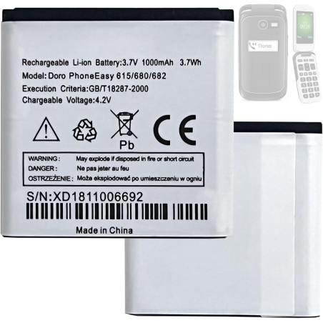 Batterie de Remplacement Doro Phone Easy 5822 614 615 680 682 Compatible avec Doro Phone Easy 614 615 680 682