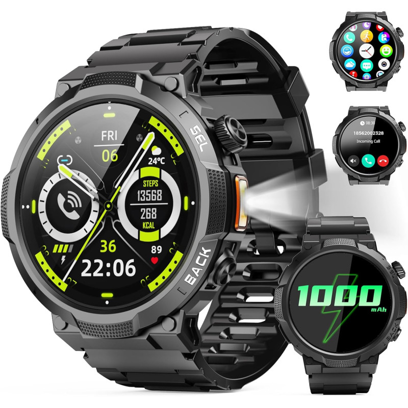 Soudorv montre connectée homme, militaire smartwatch avec led lampe, noir | 1000mah, 1.53" hd avec appel bleutooth, etanche ip68